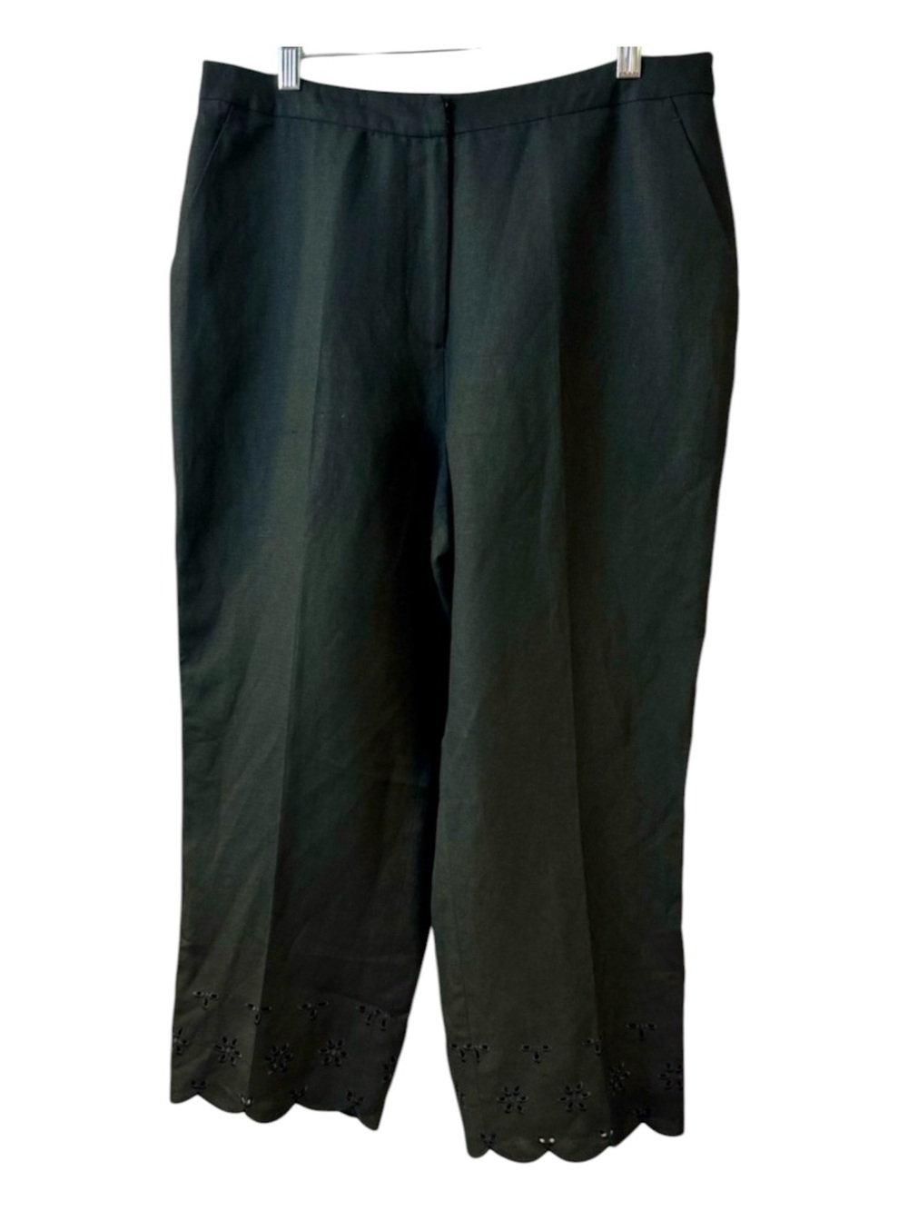 David N Linen/Rayon Cropped‎ Pants Scalloped Hem Flower Embroidery Black Sz 14